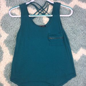 Blue cropped tank top with x detail in the back